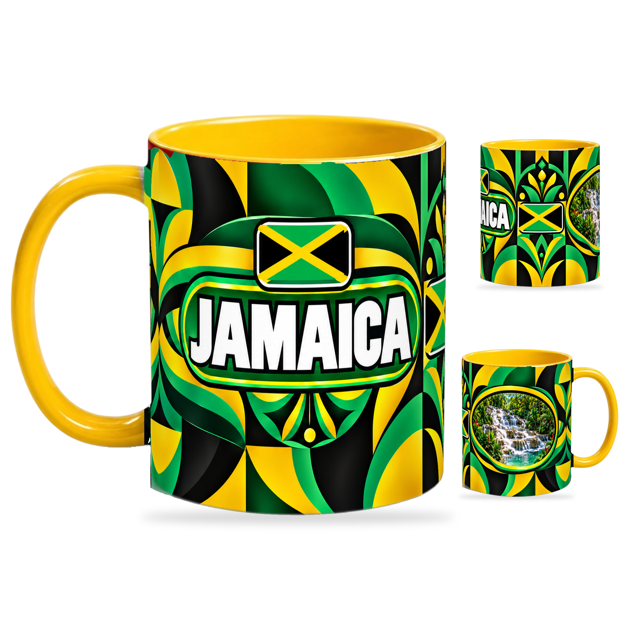Jamaica Mug Yellow – 320ml with yellow handle, showing the country-name side plus companion centered-flag and landmark views of the glossy full-wrap design by Fann Bliss.