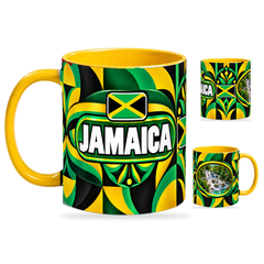 Jamaica Mug Yellow – 320ml with yellow handle, showing the country-name side plus companion centered-flag and landmark views of the glossy full-wrap design by Fann Bliss.