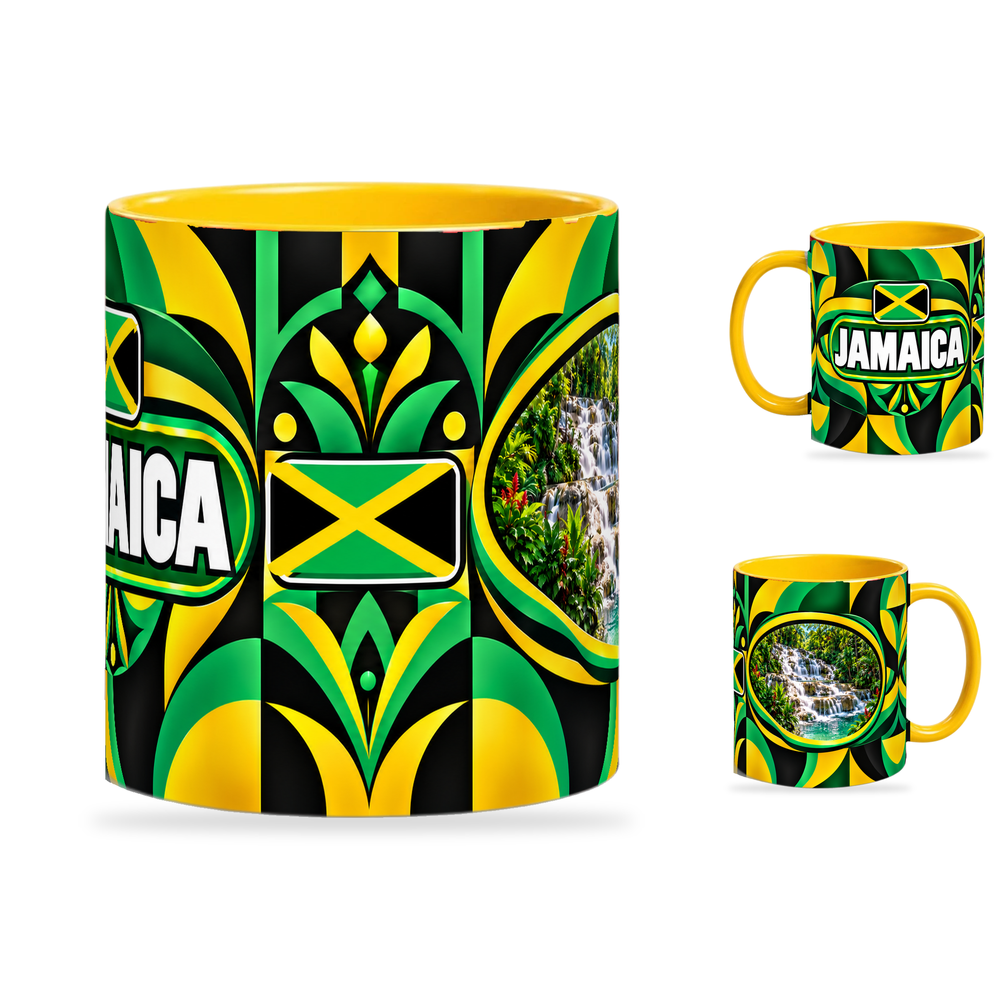 Jamaica Mug Yellow – 320ml with yellow handle, showing the centered flag view plus companion country-name and landmark views of the glossy full-wrap design by Fann Bliss.