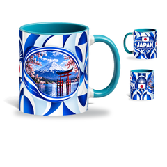 Japan Mug Teal – 320ml with teal handle, showing the landmark side plus companion country-name and centered-flag views of the glossy full-wrap design by Fann Bliss.