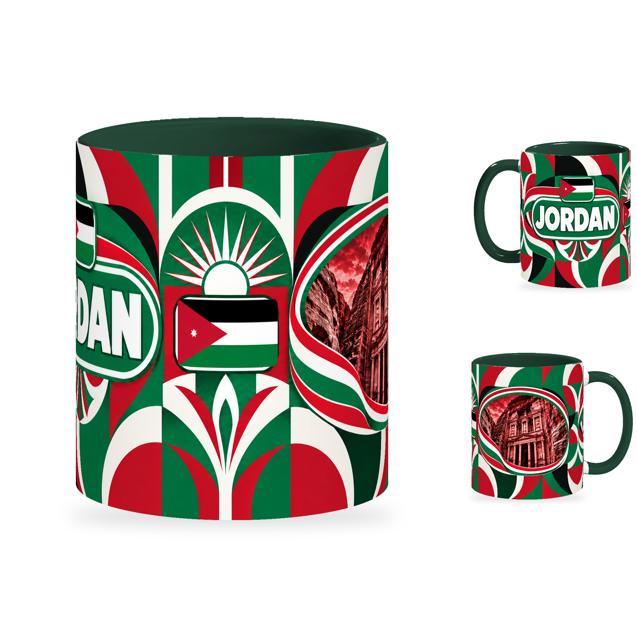 Jordan Mug – 320ml with dark green handle, showing the centered flag view plus companion country-name and landmark views of the glossy full-wrap design by Fann Bliss.