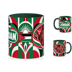 Jordan Mug – 320ml with dark green handle, showing the centered flag view plus companion country-name and landmark views of the glossy full-wrap design by Fann Bliss.