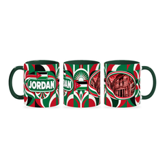 Jordan Mug – 320ml with dark green handle, shown in three matching angles of the glossy full-wrap design by Fann Bliss.