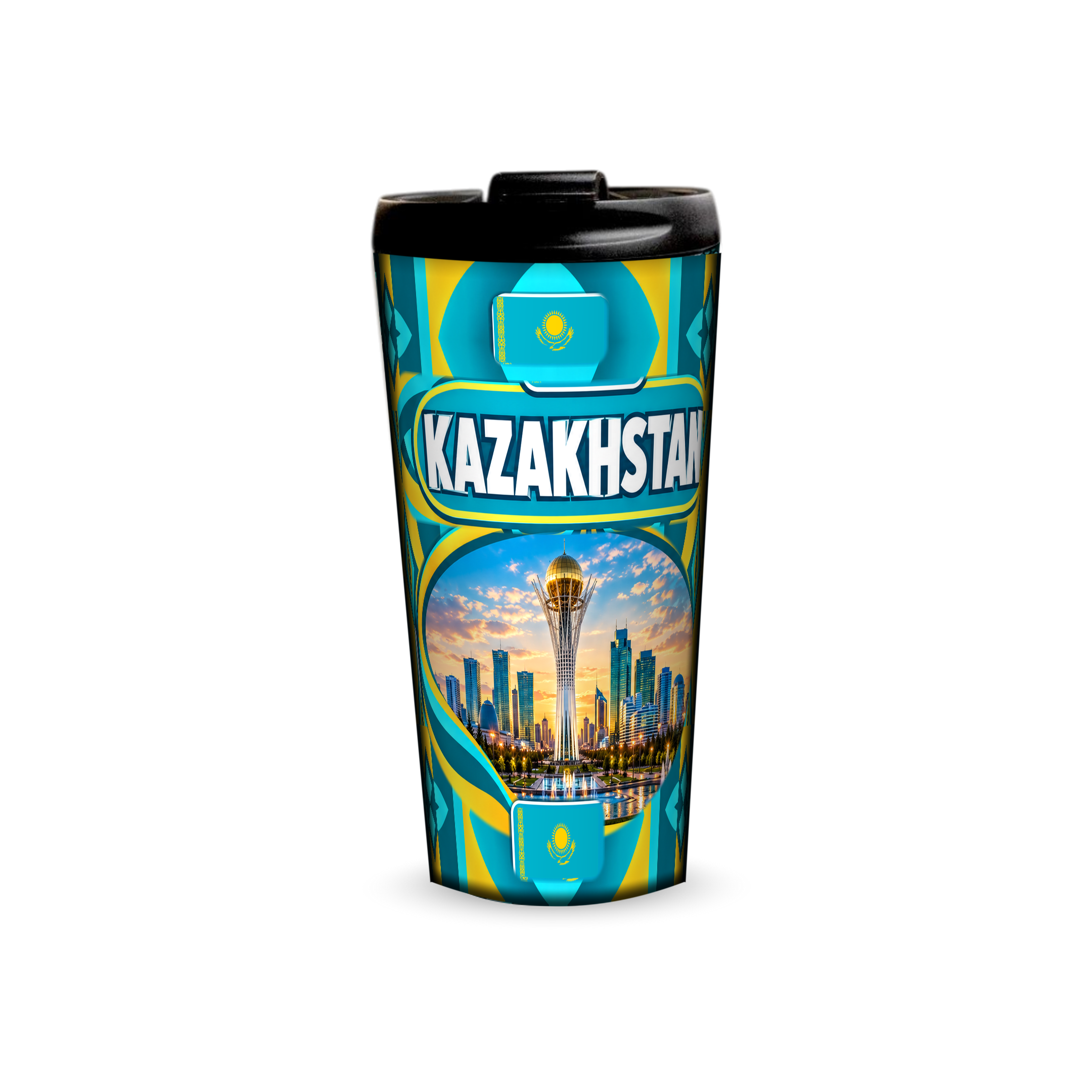 Kazakhstan 480ml tumbler front view with country design