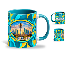 Kazakhstan Mug – 320ml with teal handle, showing the landmark side plus companion country-name and centered-flag views of the glossy full-wrap design by Fann Bliss.
