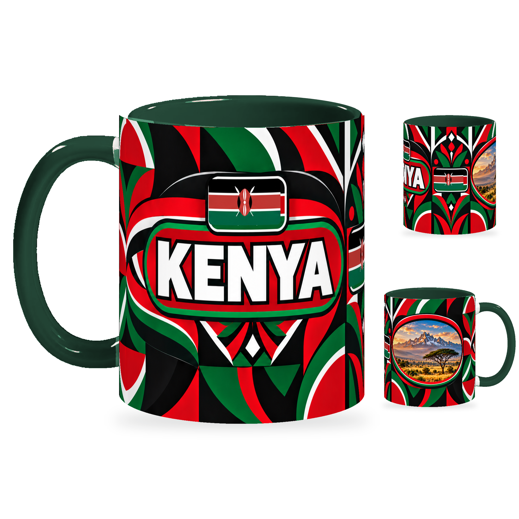 Kenya Mug – 320ml with dark green handle, showing the country-name side plus companion centered-flag and landmark views of the glossy full-wrap design by Fann Bliss.