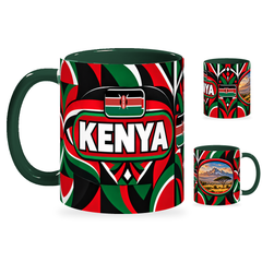 Kenya Mug – 320ml with dark green handle, showing the country-name side plus companion centered-flag and landmark views of the glossy full-wrap design by Fann Bliss.
