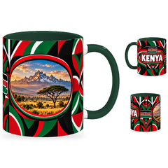Kenya Mug – 320ml with dark green handle, showing the landmark side plus companion country-name and centered-flag views of the glossy full-wrap design by Fann Bliss.