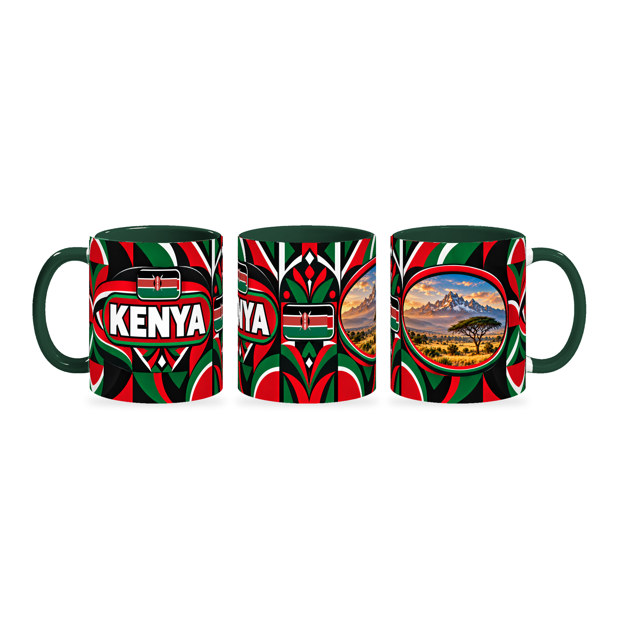Kenya Mug – 320ml with dark green handle, shown in three matching angles of the glossy full-wrap design by Fann Bliss.
