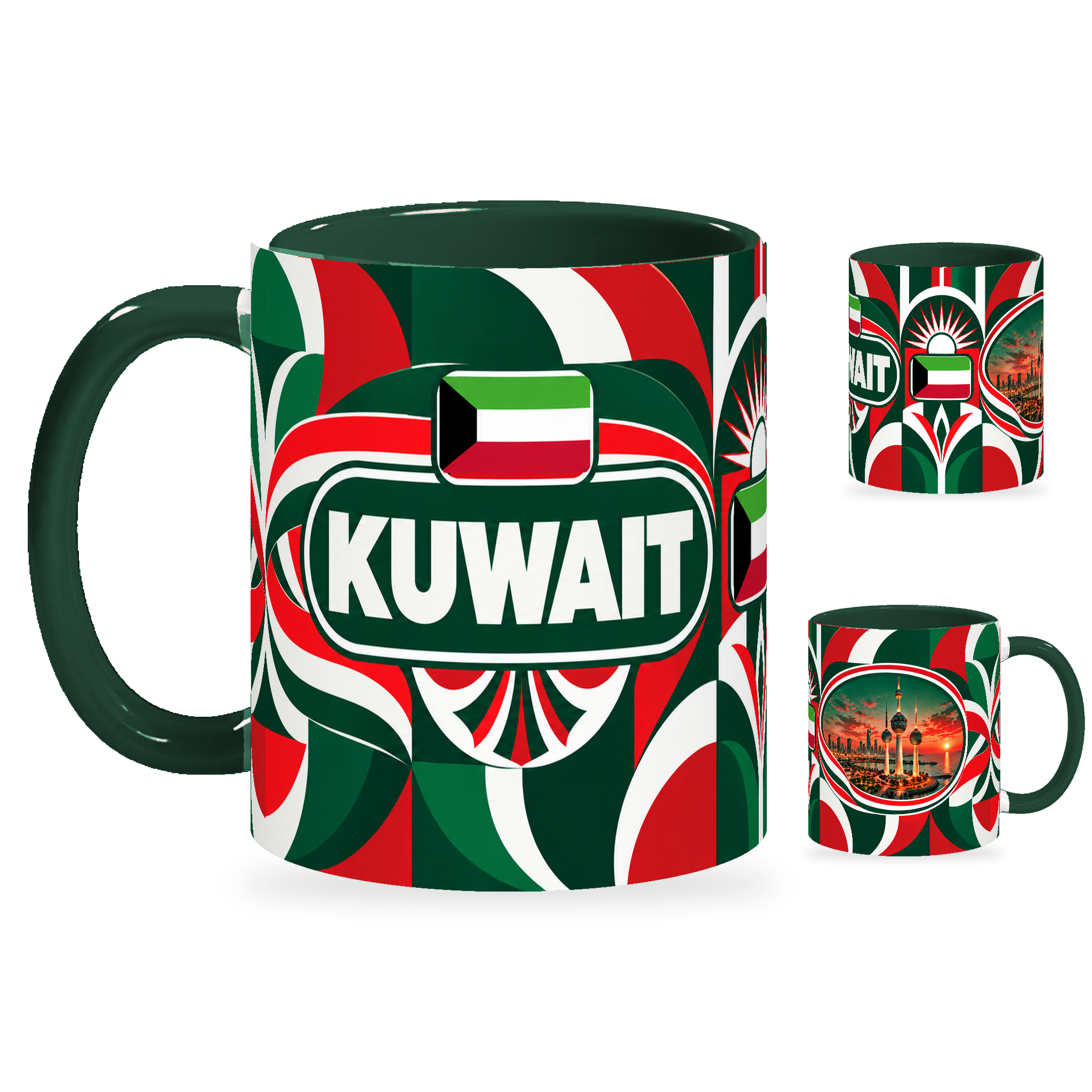 Kuwait Mug – 320ml with dark green handle, showing the country-name side plus companion centered-flag and landmark views of the glossy full-wrap design by Fann Bliss.