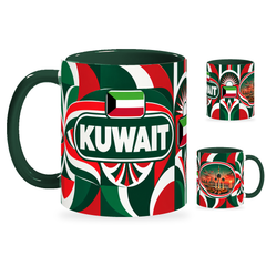 Kuwait Mug – 320ml with dark green handle, showing the country-name side plus companion centered-flag and landmark views of the glossy full-wrap design by Fann Bliss.