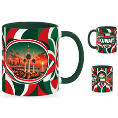 Kuwait Mug – 320ml with dark green handle, showing the landmark side plus companion country-name and centered-flag views of the glossy full-wrap design by Fann Bliss.
