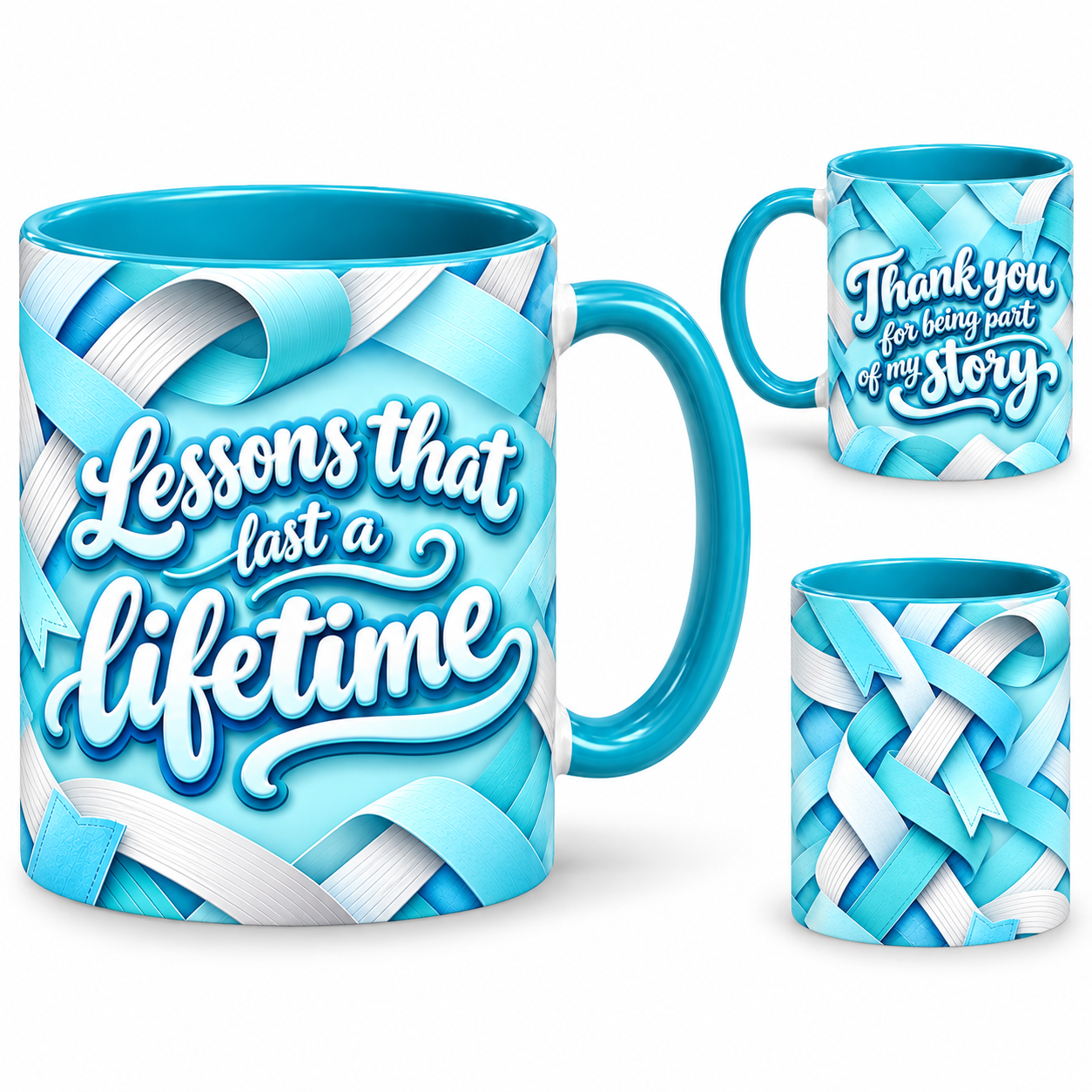 Lasting Lessons Mug – 320ml, teal ceramic mug, views of the full-wrap Teacher’s Day design