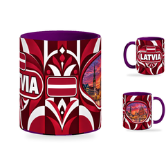 Latvia Mug – 320ml with purple handle, showing the centered flag view plus companion country-name and landmark views of the glossy full-wrap design by Fann Bliss.