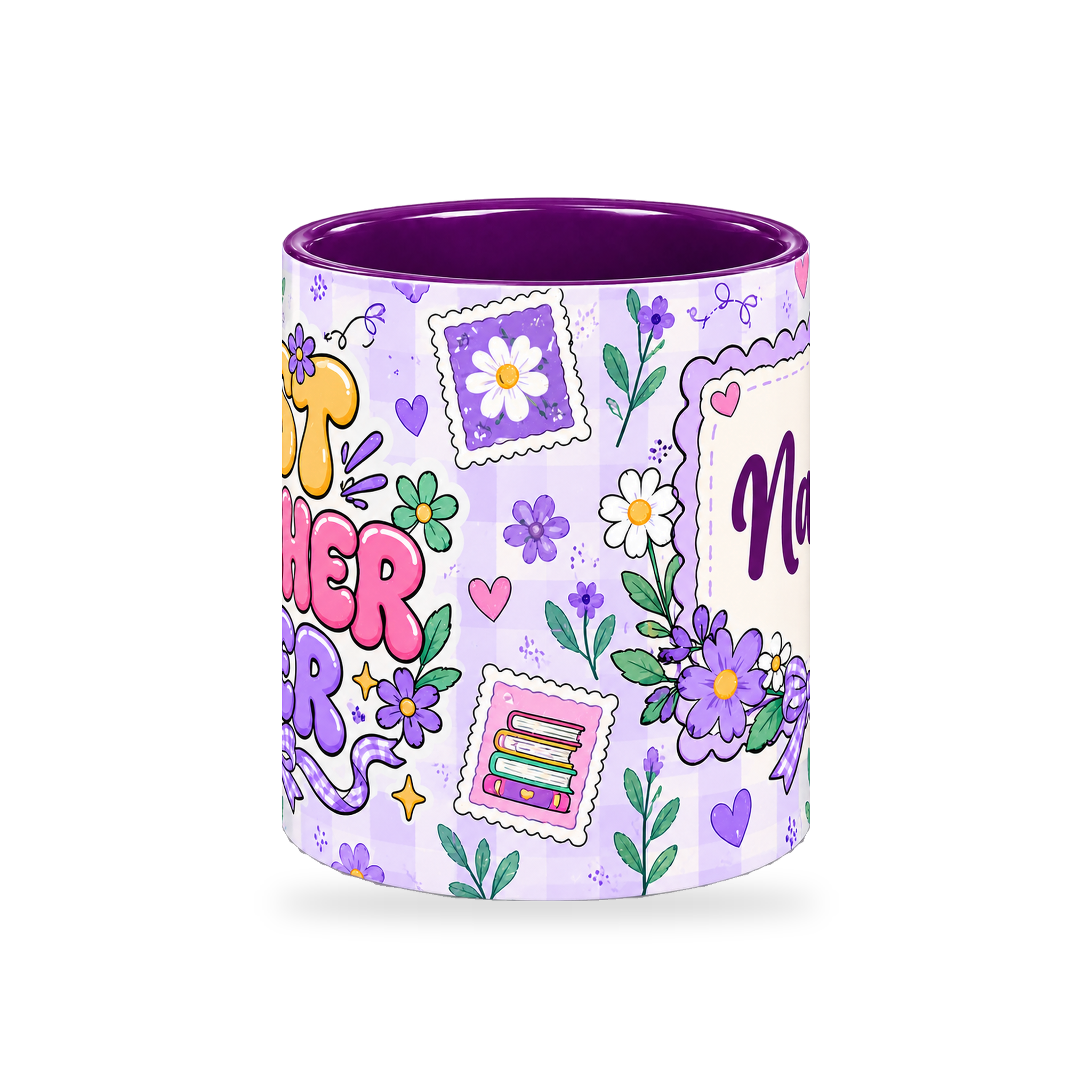 Lavender Postage Teacher Mug – 320ml — center view on a transparent background