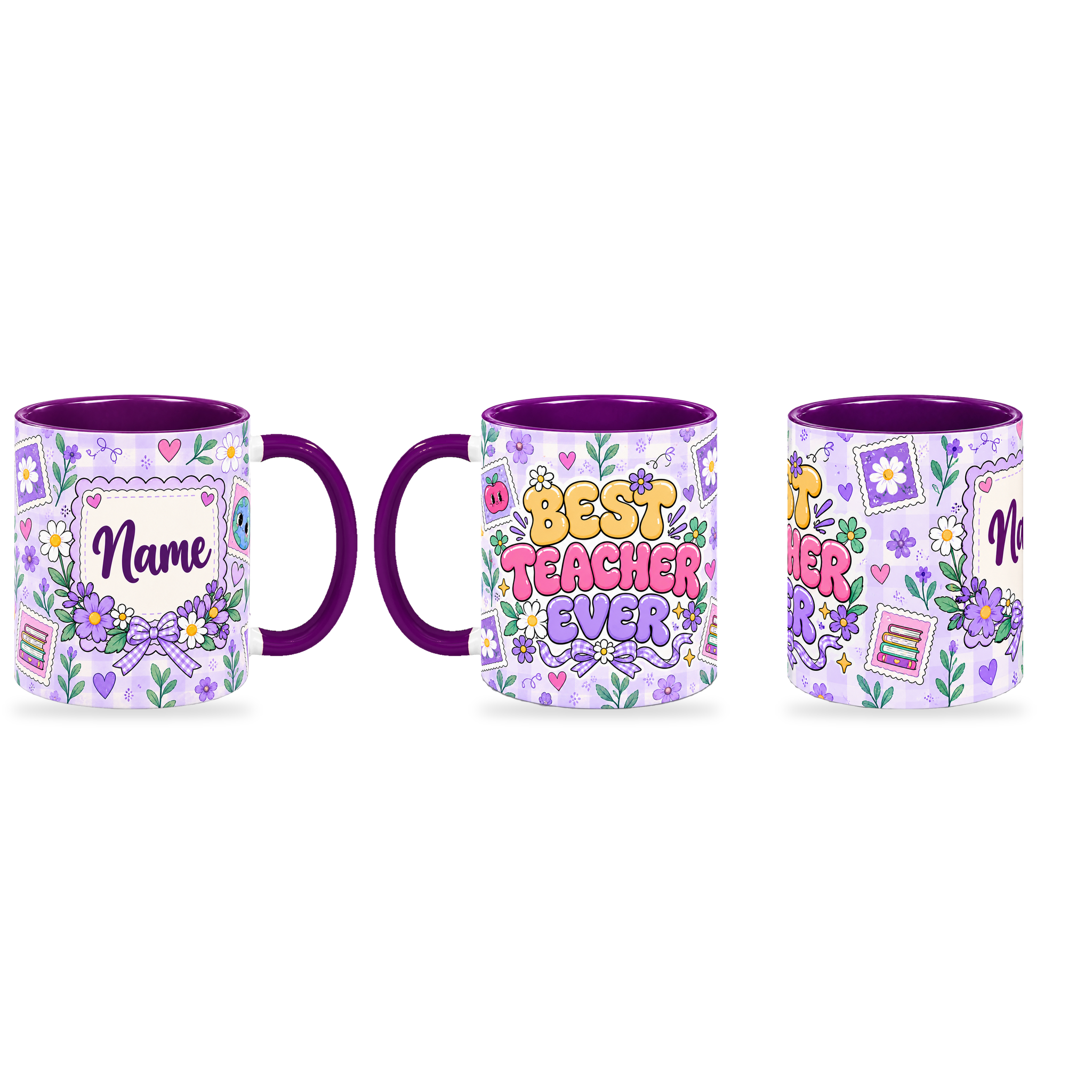 Lavender Postage Teacher Mug – 320ml — right, left and front views together on a transparent background