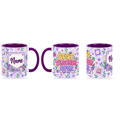 Lavender Postage Teacher Mug – 320ml — right, left and front views together on a transparent background