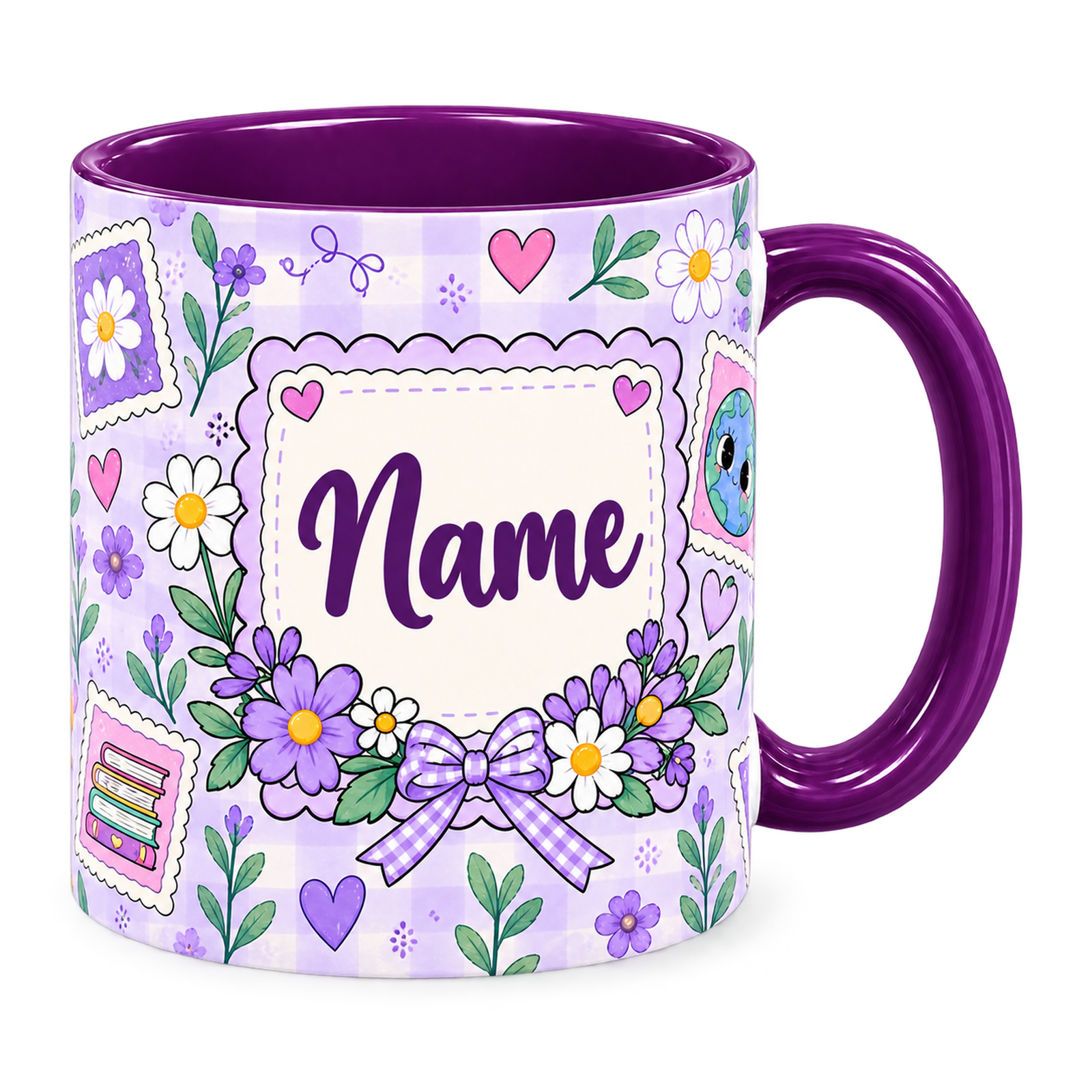 Lavender Postage Teacher Mug, purple – handle on the right, Name