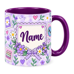 Lavender Postage Teacher Mug, purple – handle on the right, Name