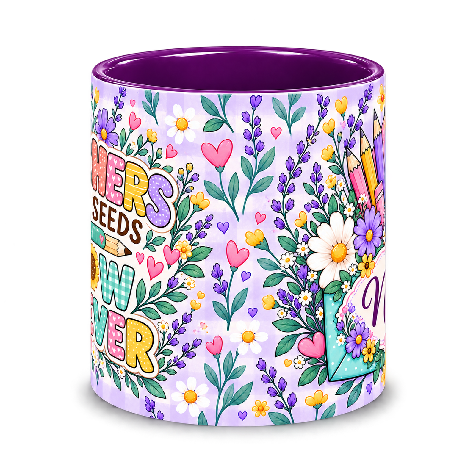 Lavender Seed Garden Teacher Mug – centre view of the full-wrap flower pattern