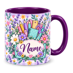 Lavender Seed Garden Teacher Mug with a purple handle on the right and personalised Name design