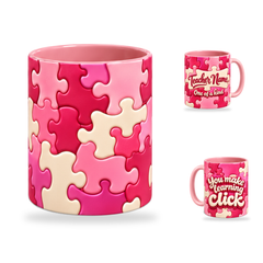 Learning Clicks Mug – 320ml, Pink ceramic mug, centre-pattern of the Teacher’s Day artwork