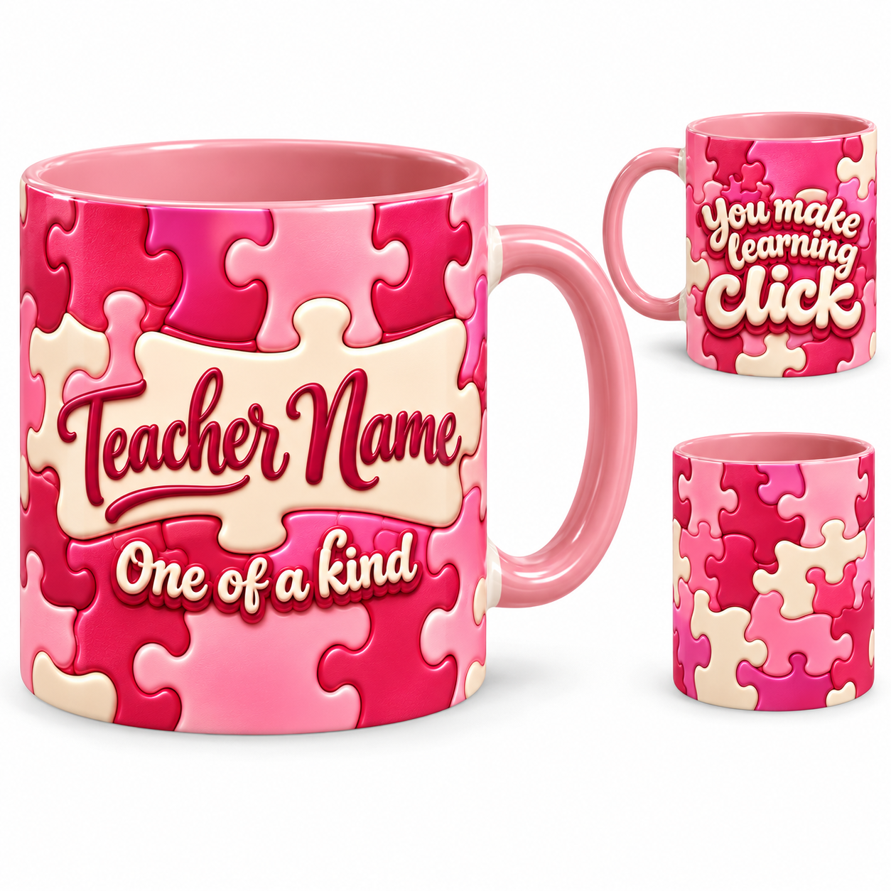 Learning Clicks Mug – 320ml, pink ceramic mug, views of the full-wrap Teacher’s Day design