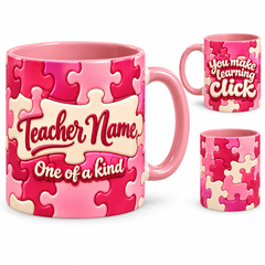 Learning Clicks Mug – 320ml, pink ceramic mug, views of the full-wrap Teacher’s Day design