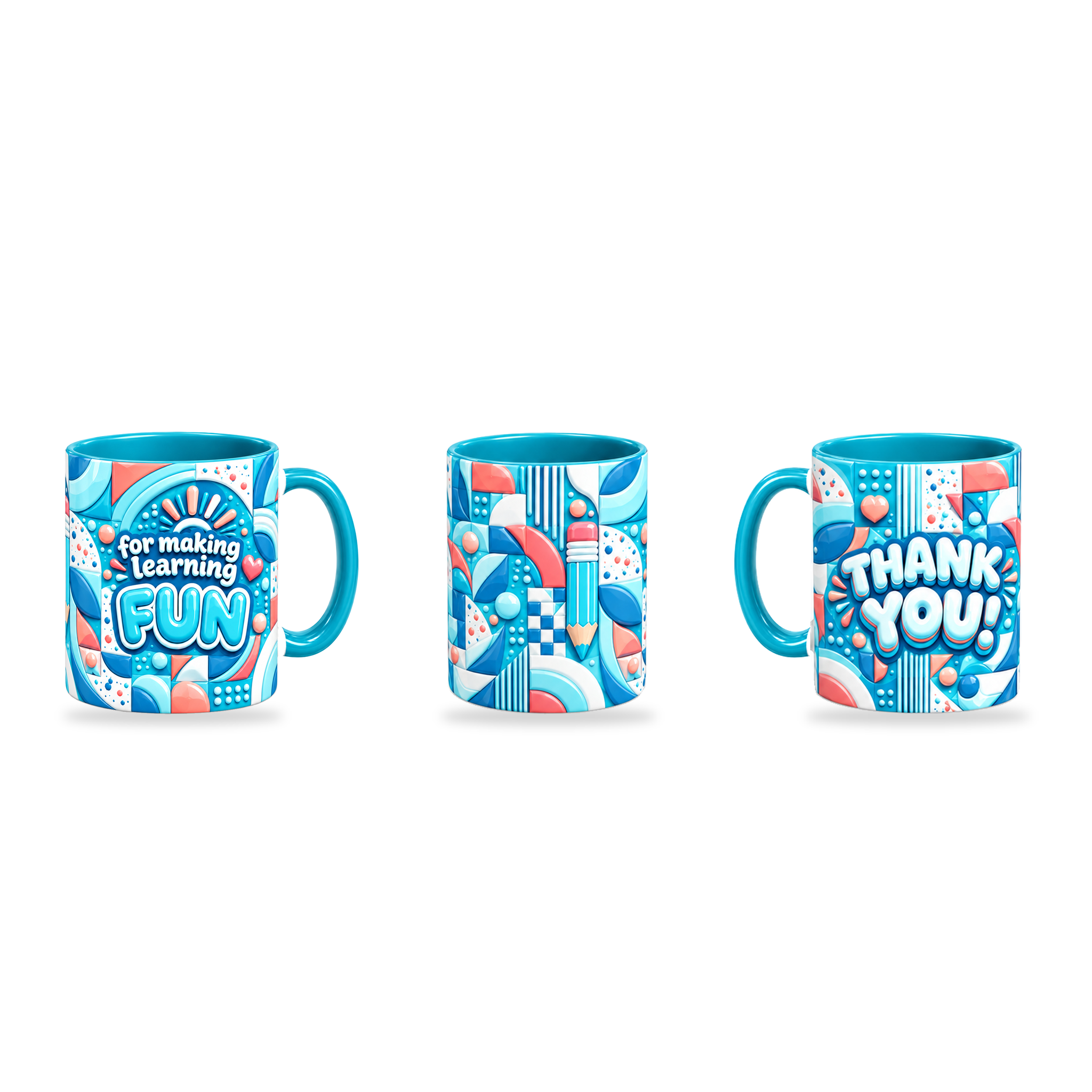 Learning Is Fun Mug – 320ml, Teal ceramic mug, three-angle overview of the Teacher’s Day artwork