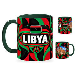 Libya Mug – 320ml with dark green handle, showing the country-name side plus companion centered-flag and landmark views of the glossy full-wrap design by Fann Bliss.
