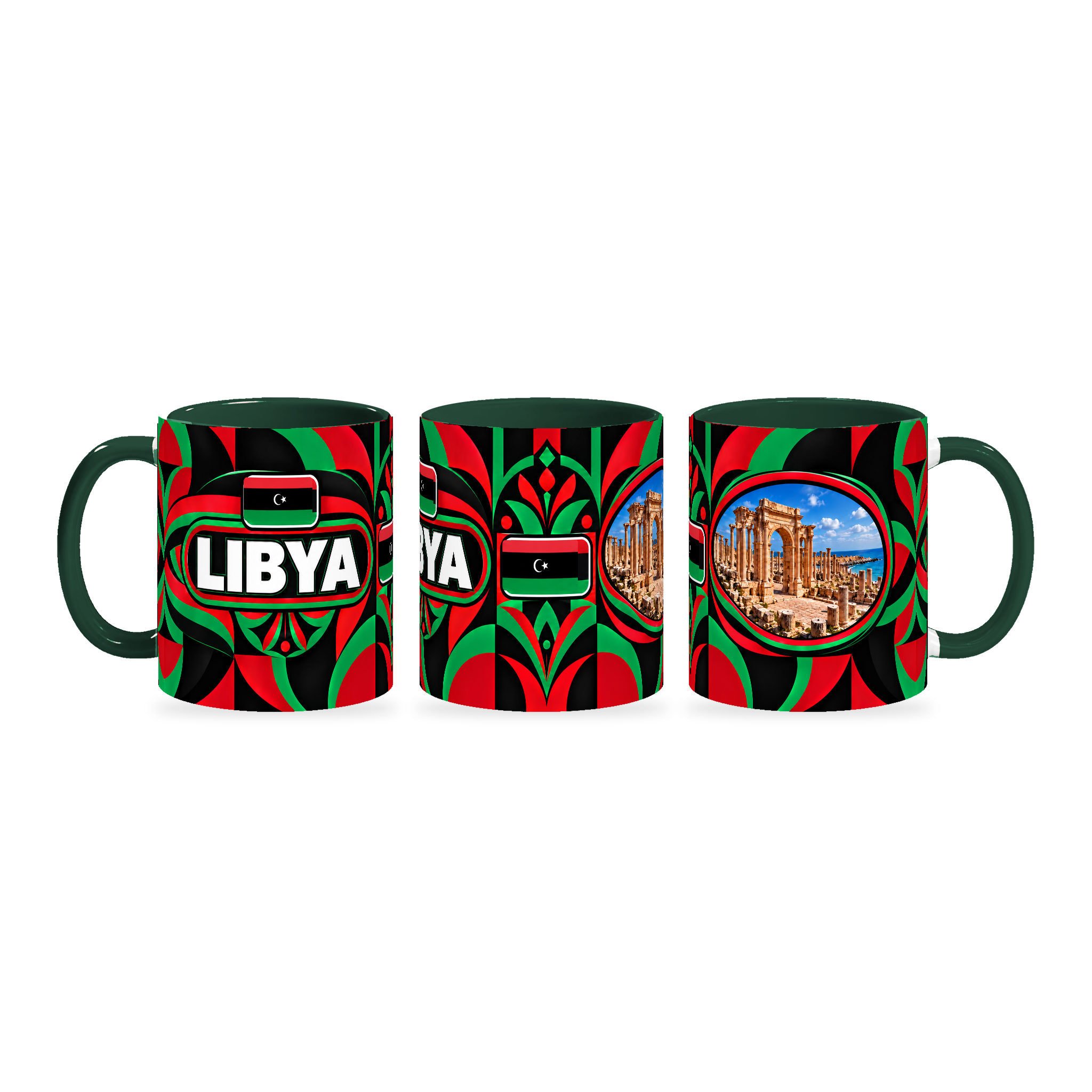 Libya Mug – 320ml with dark green handle, shown in three matching angles of the glossy full-wrap design by Fann Bliss.