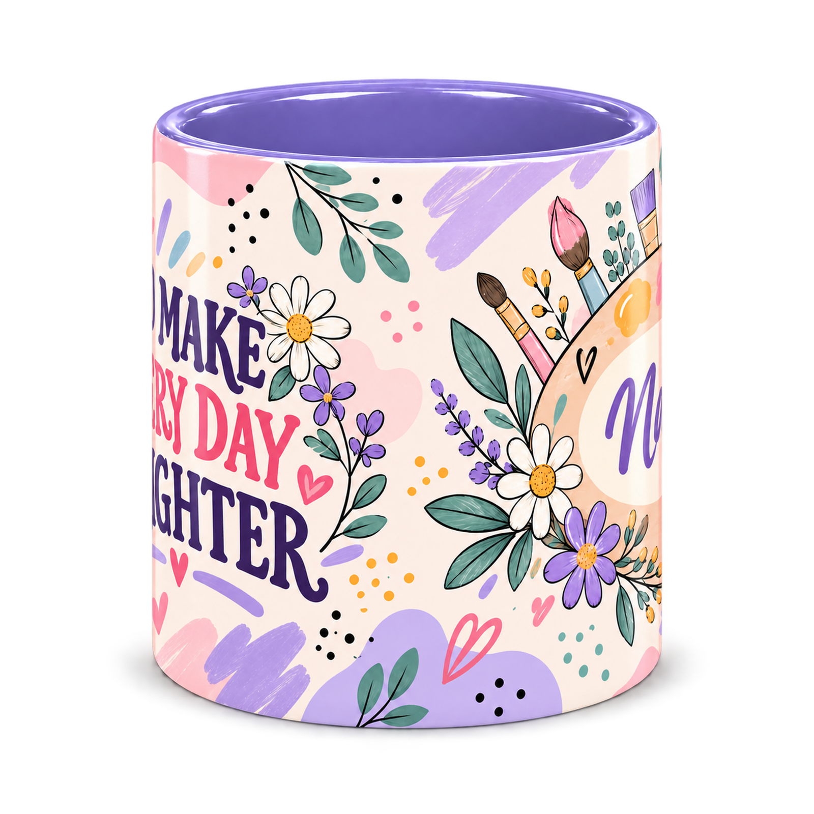 Lilac Art Studio Teacher Mug, light purple – centre view of the full-wrap pattern