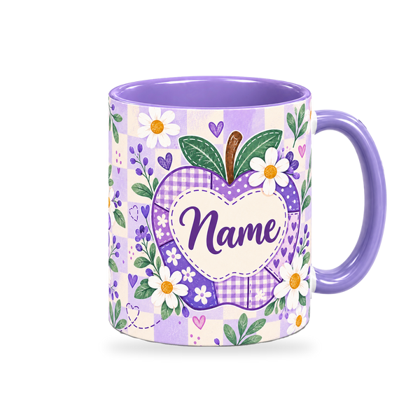 Lilac Patchwork Apple Teacher Mug – 320ml, right view on a transparent background