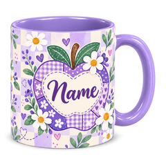 Lilac Patchwork Apple Teacher Mug, light purple – handle on the right, Name
