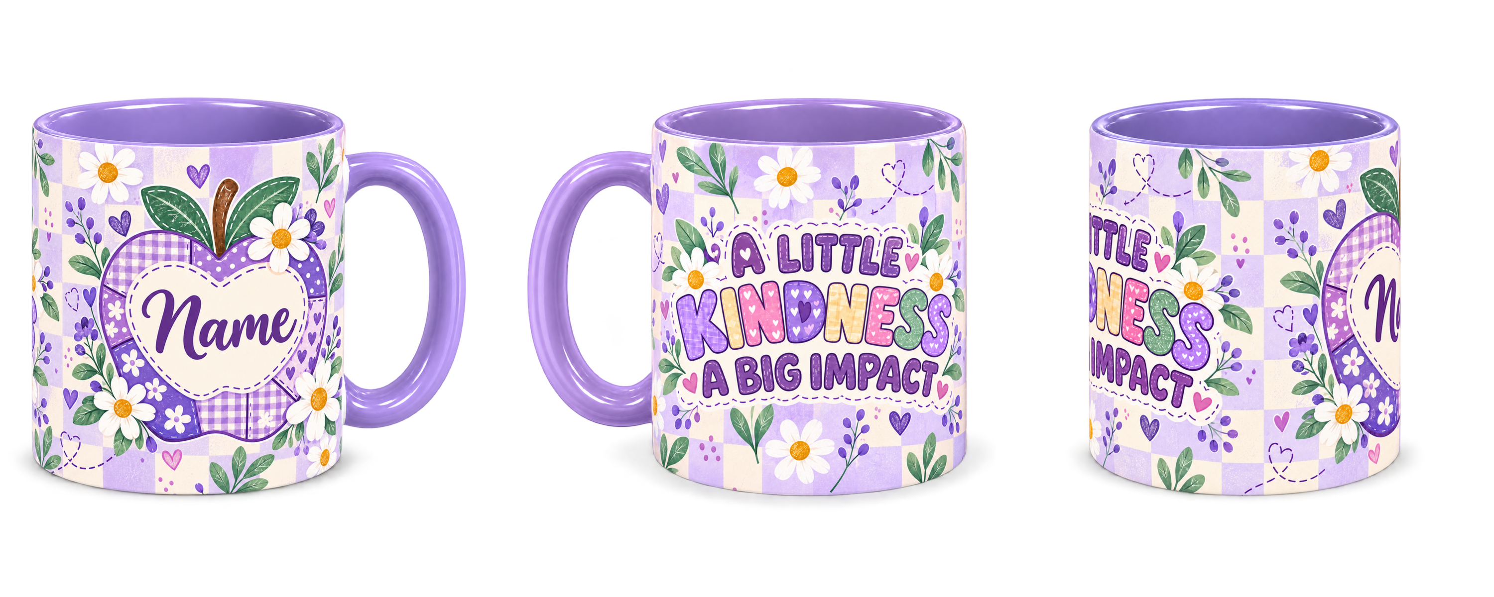 Lilac Patchwork Apple Teacher Mug, light purple – right, left and centre views side by side