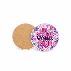 Lilac Pink Club Pinktober 10cm round ceramic coaster, printed front and cork back