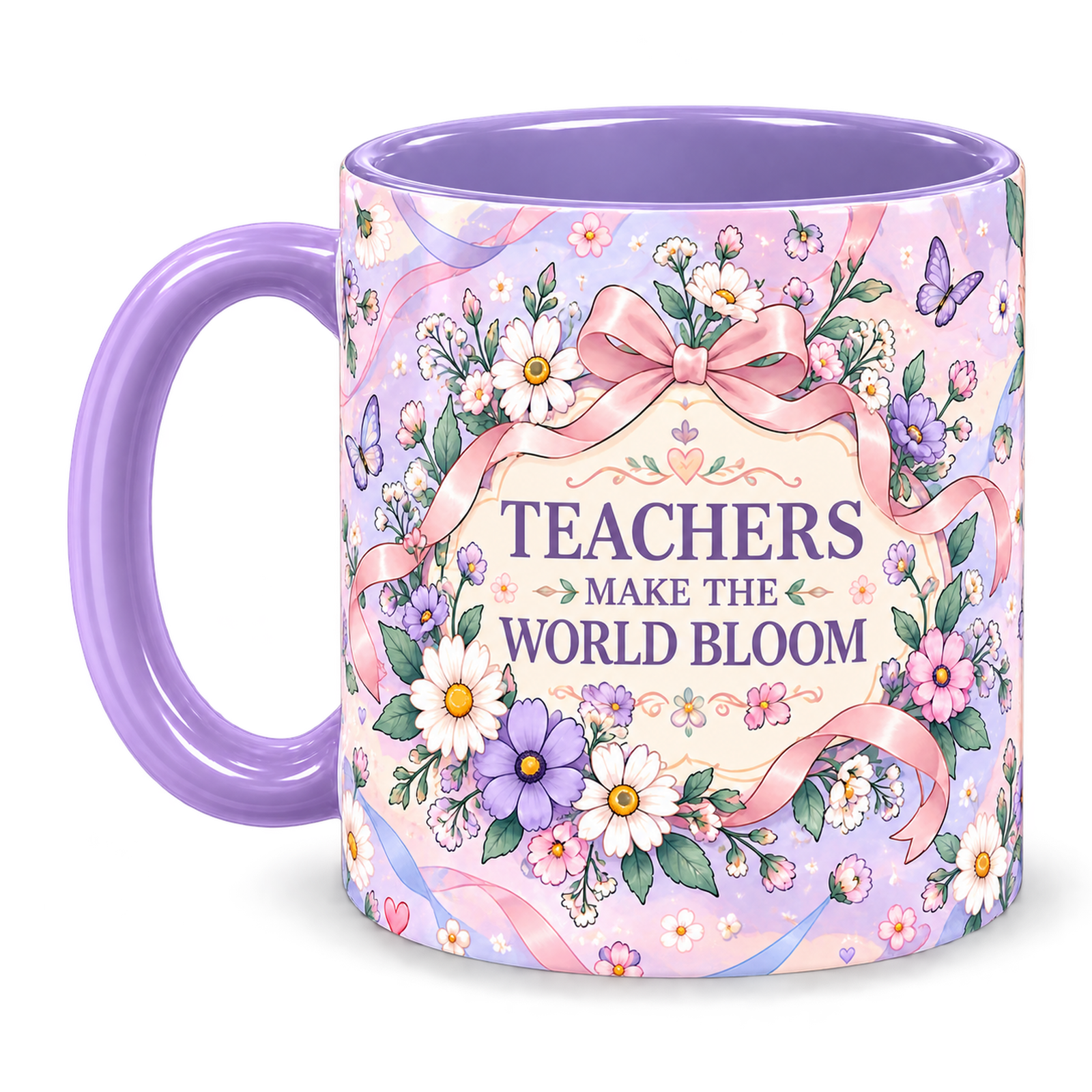 Lilac Ribbon Garden Teacher Mug, light purple – handle on the left, TEACHERS MAKE THE WORLD BLOOM