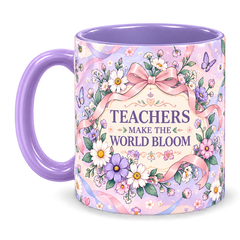 Lilac Ribbon Garden Teacher Mug, light purple – handle on the left, TEACHERS MAKE THE WORLD BLOOM