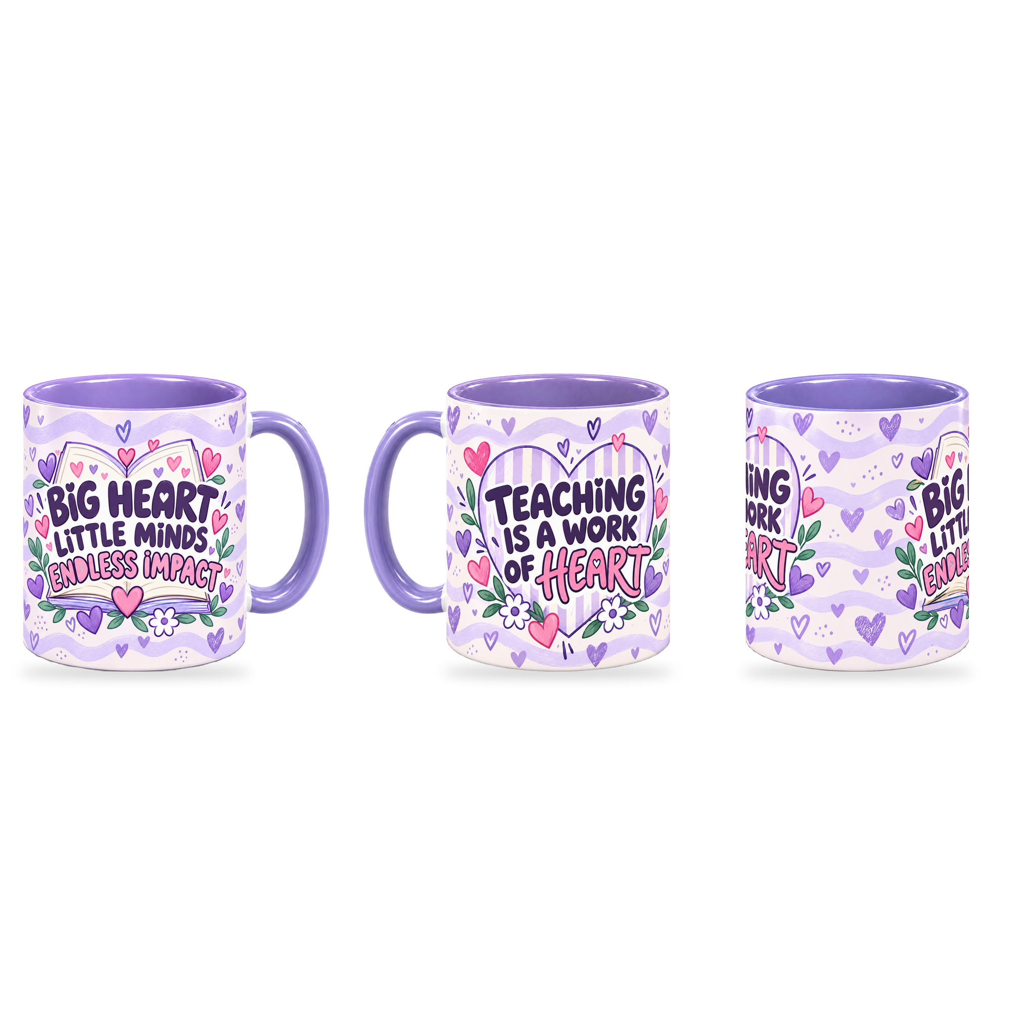 Lilac Tiny Hearts Teacher Mug – 320ml — right, left and front views together on a transparent background