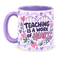Lilac Tiny Hearts Teacher Mug, light purple – handle on the left, TEACHING IS A WORK OF HEART