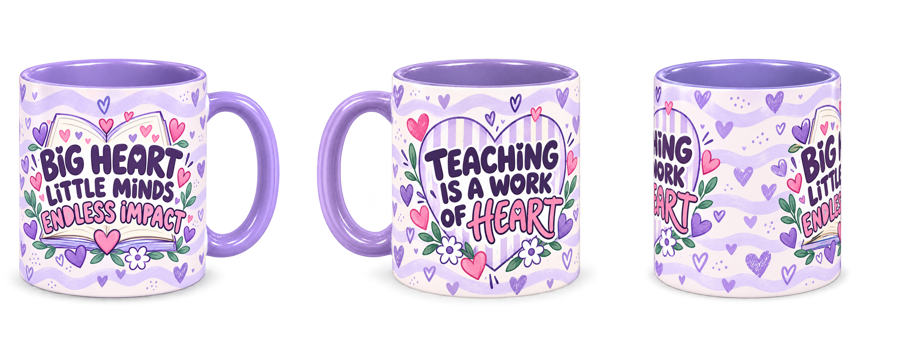 Lilac Tiny Hearts Teacher Mug, light purple – right, left and centre views side by side