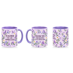 Lilac Wildflower Meadow Teacher Mug – 320ml — right, left and front views together on a transparent background