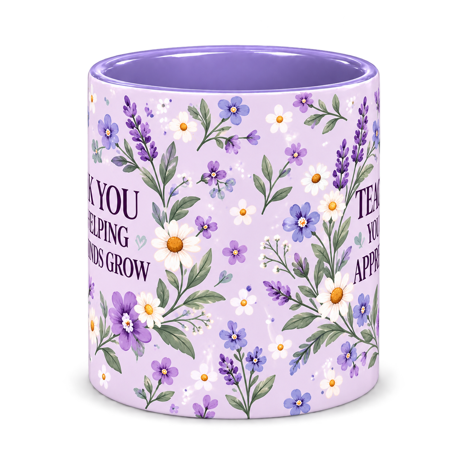 Lilac Wildflower Meadow Teacher Mug, light purple – centre view of the full-wrap pattern
