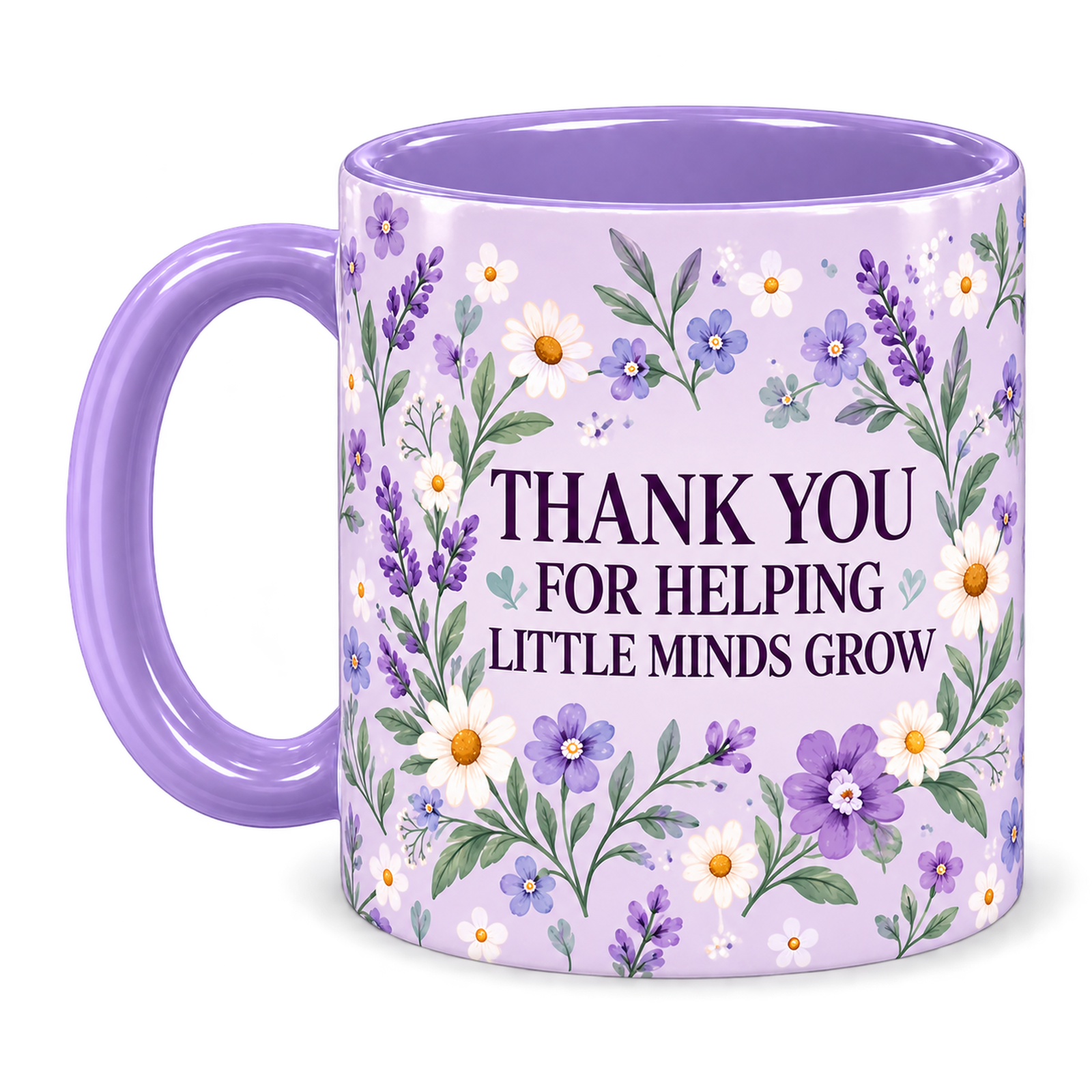 Lilac Wildflower Meadow Teacher Mug, light purple – handle on the left, THANK YOU FOR HELPING LITTLE MINDS GROW
