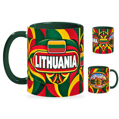 Lithuania Mug – 320ml with dark green handle, showing the country-name side plus companion centered-flag and landmark views of the glossy full-wrap design by Fann Bliss.