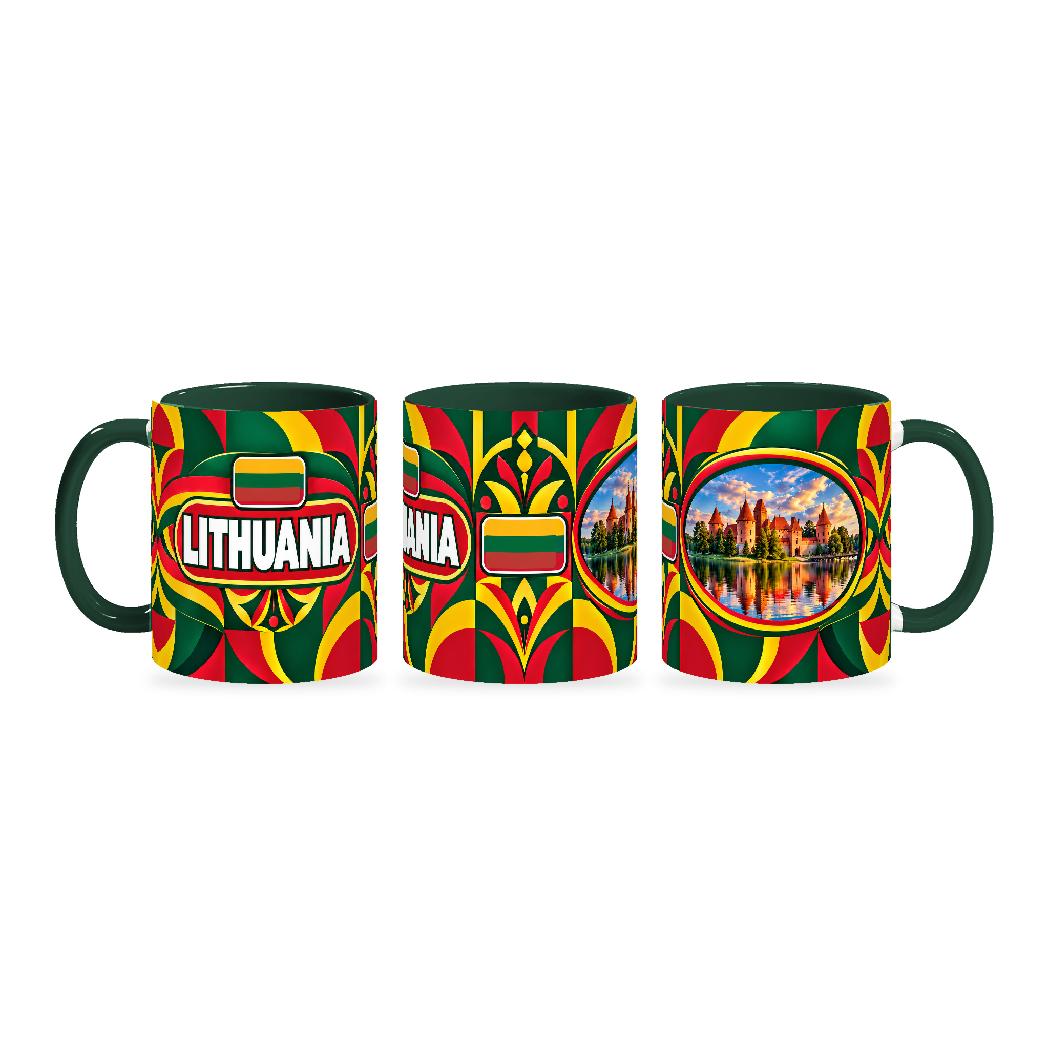 Lithuania Mug – 320ml with dark green handle, shown in three matching angles of the glossy full-wrap design by Fann Bliss.