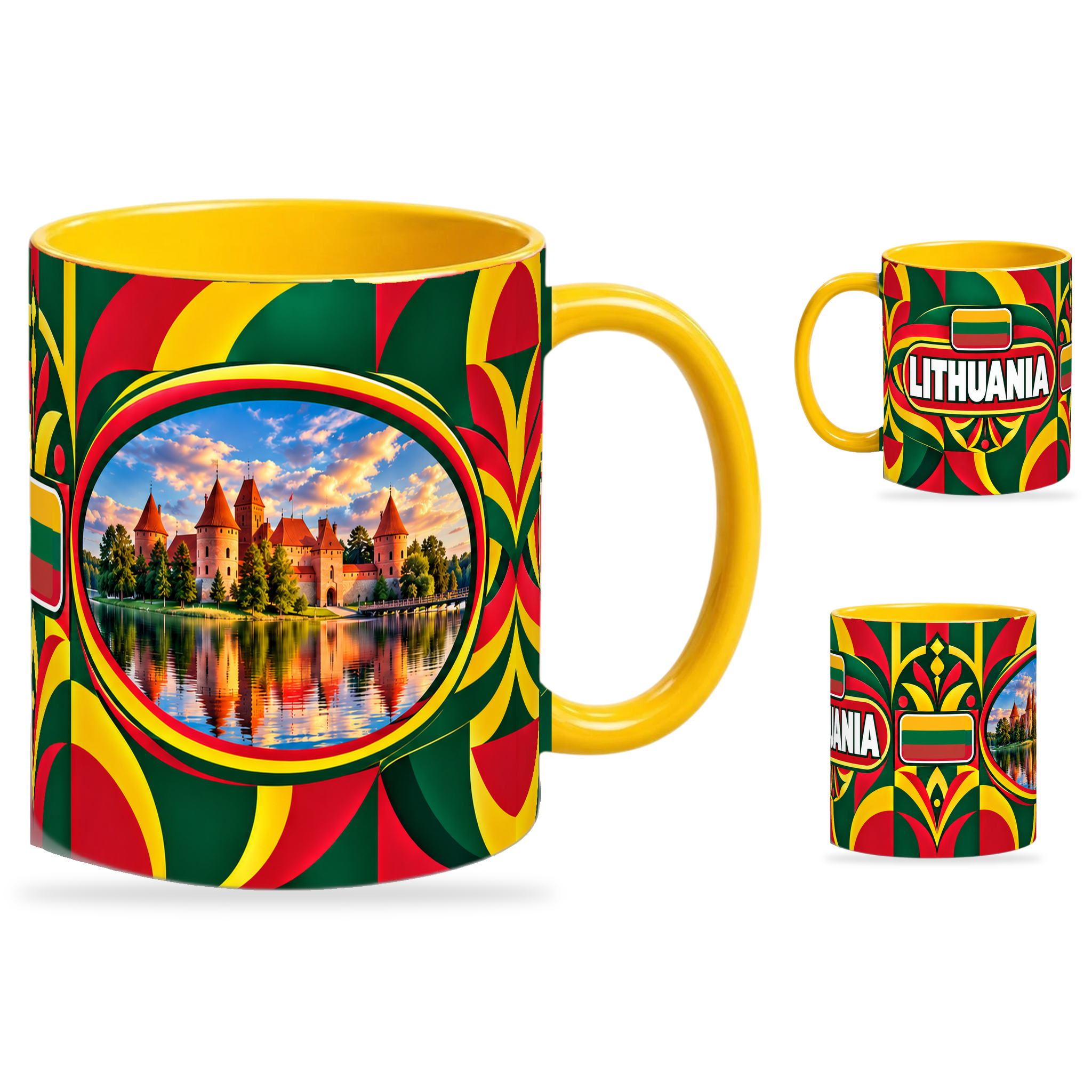 Lithuania Mug Yellow – 320ml with yellow handle, showing the landmark side plus companion country-name and centered-flag views of the glossy full-wrap design by Fann Bliss.