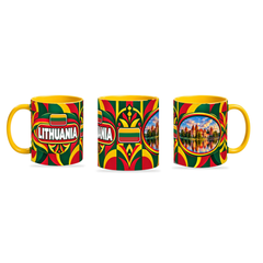 Lithuania Mug Yellow – 320ml with yellow handle, shown in three matching angles of the glossy full-wrap design by Fann Bliss.