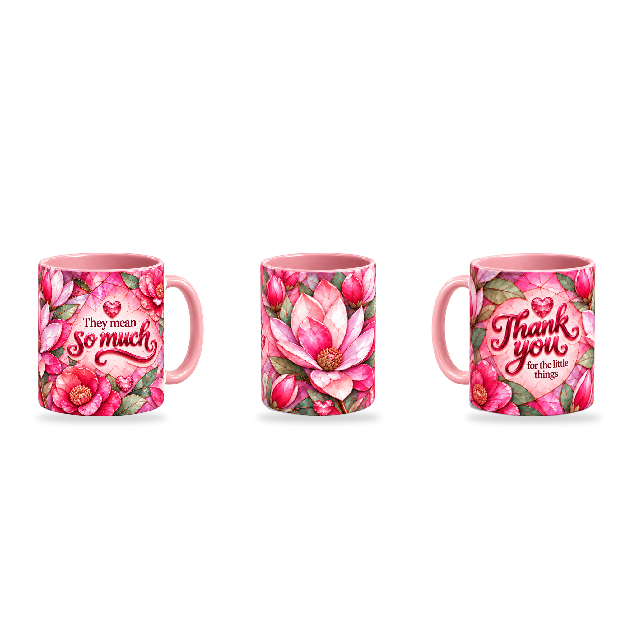 Little Things Mug – 320ml, Pink ceramic mug, three-angle overview of the Teacher’s Day artwork