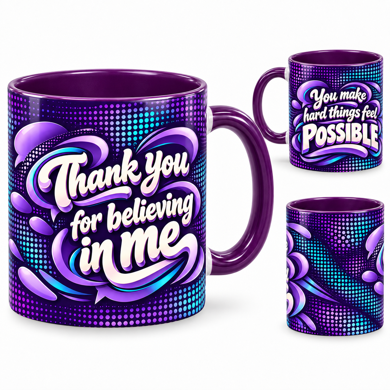 Making Things Possible Mug – 320ml, purple ceramic mug, views of the full-wrap Teacher’s Day design
